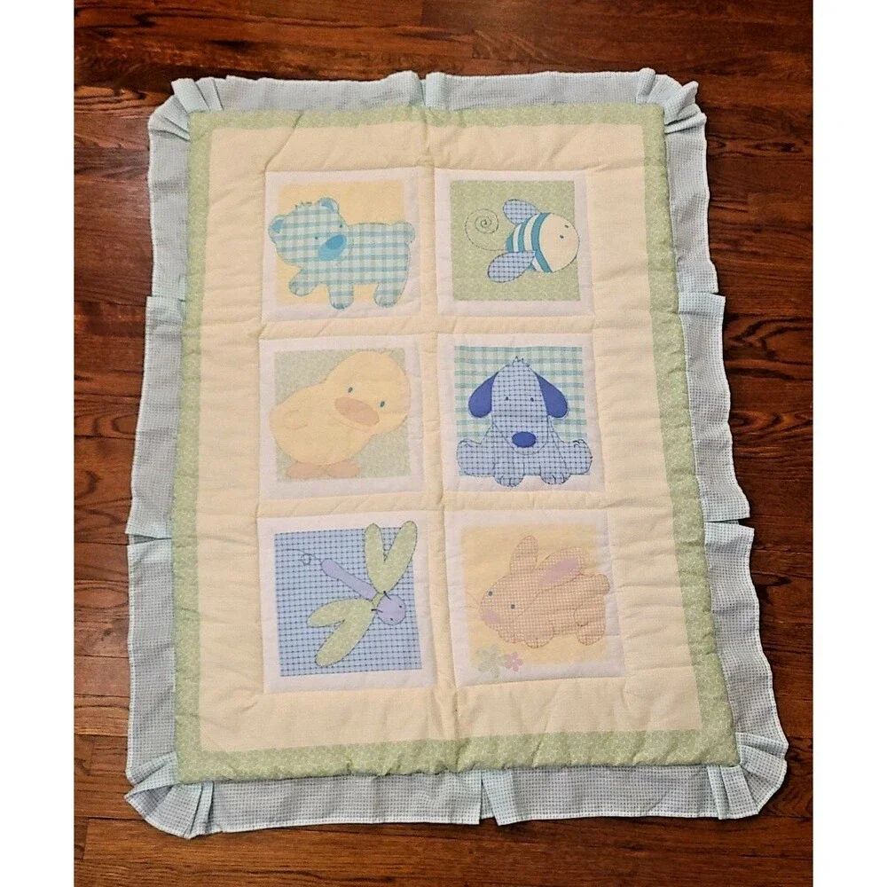 VINTAGE Carters Tykes Baby Blanket Quilt Bee Duck Chick Dog Bunny Squares Ruffle